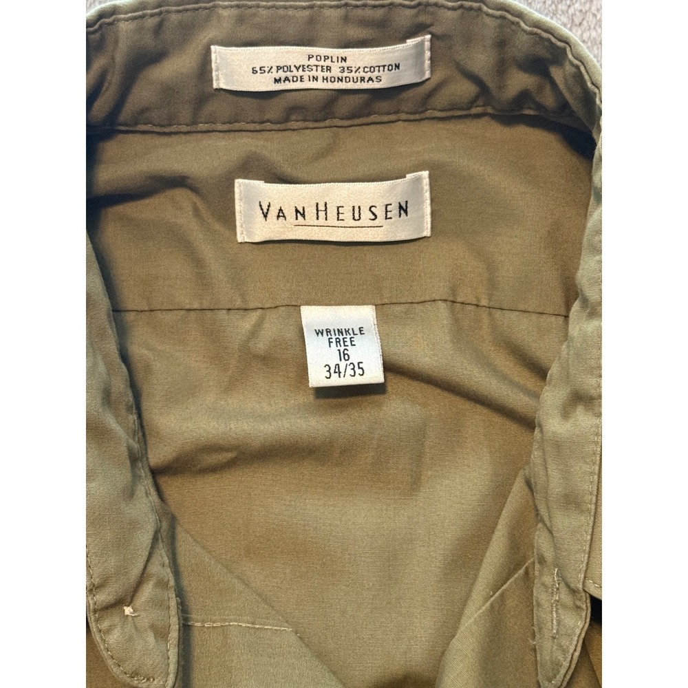 Van Heusen Mens Olive Green Poplin Dress Shirt Wrinkle Free 16 34/35 Long Sleeve - Picture 2 of 6
